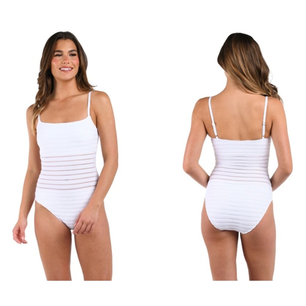 La Blanca One Piece Swimsuit Women 14 White Striped Mesh Resort Beach $129 NWT